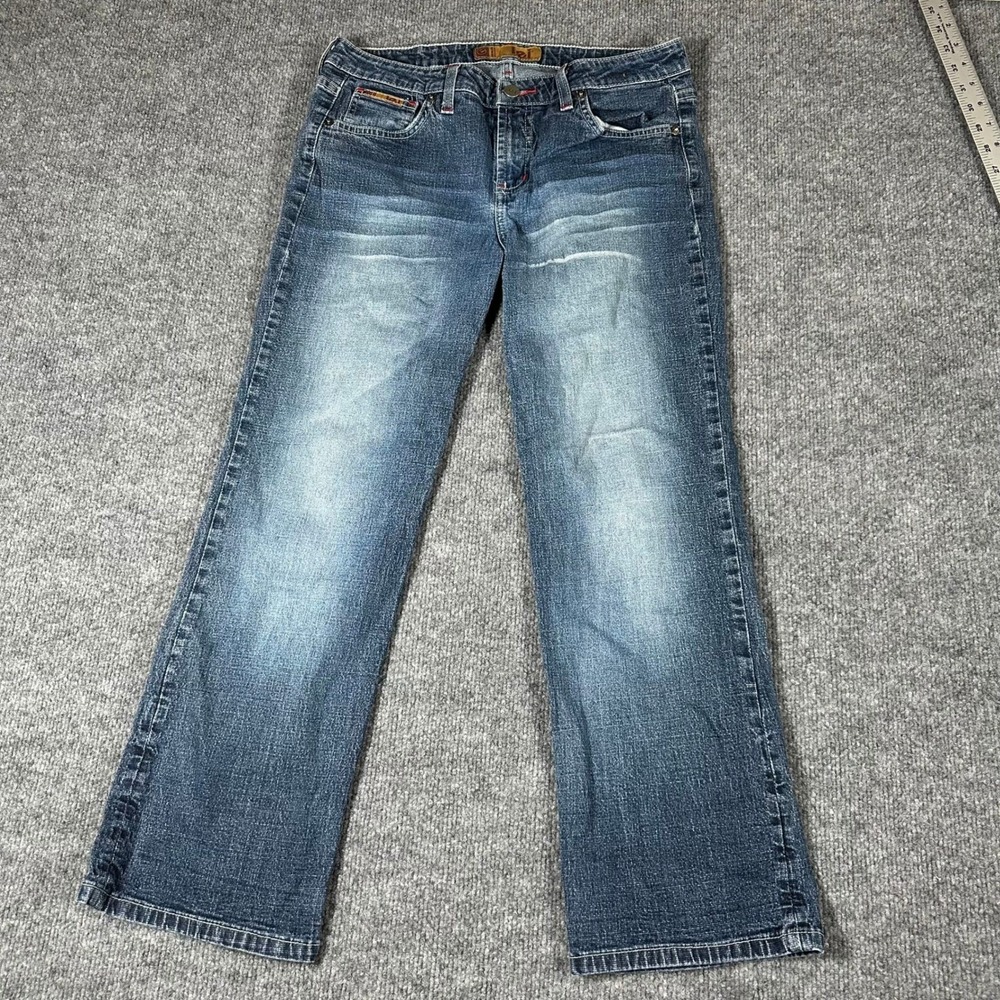 L.E.I. Jeans Womens Size 7 Blue Flare Leg Stretch Denim Medium Wash Y2K Low Rise